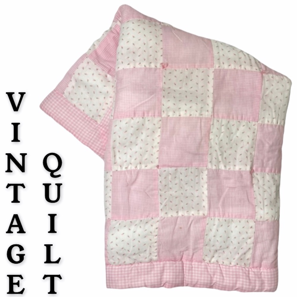 Vintage Quilt Patchwork Handmade Hand Crafted Cottage Core Flowers Pink White